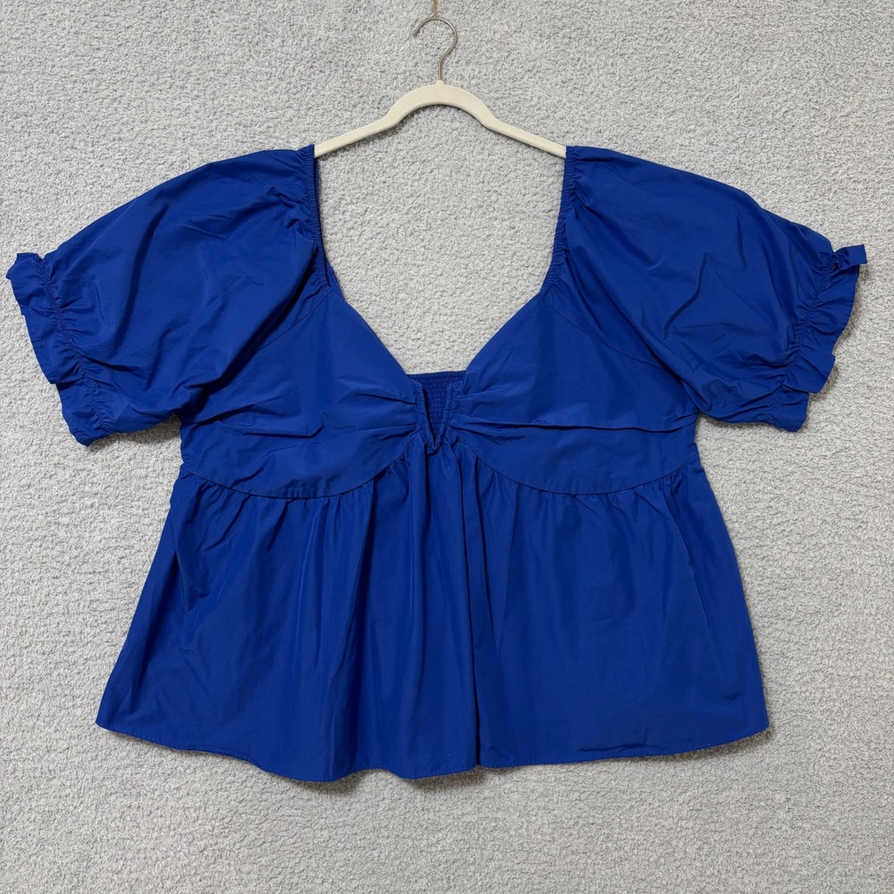 Casual Puff Sleeve Blouse Blue Babydoll Cotton Blend Stretch Back Plus Size 3X